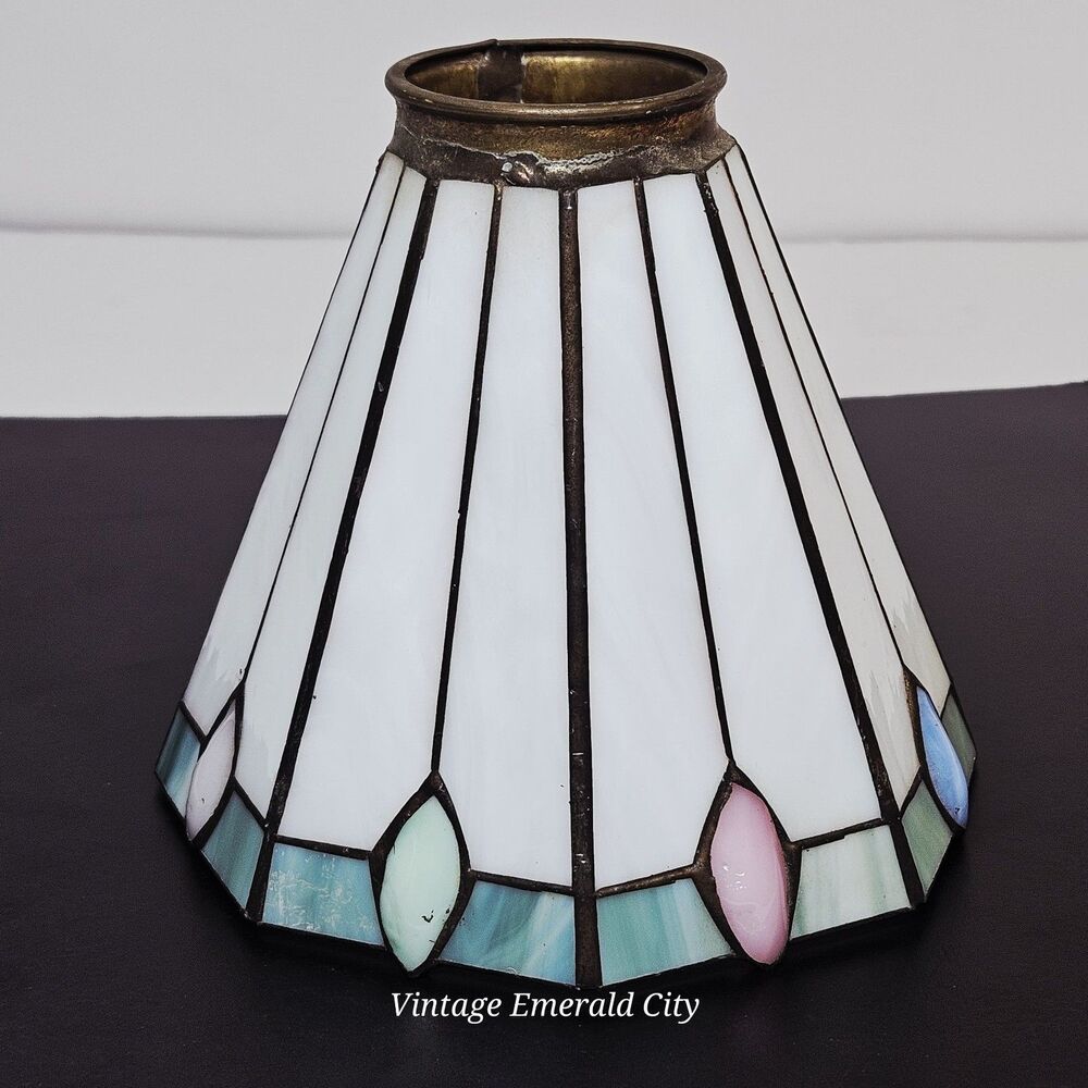 Vtg Antique Tiffany-style Stained Glass Lamp Shade Brass-White Teal Pink Mexico - Picture 12 of 12